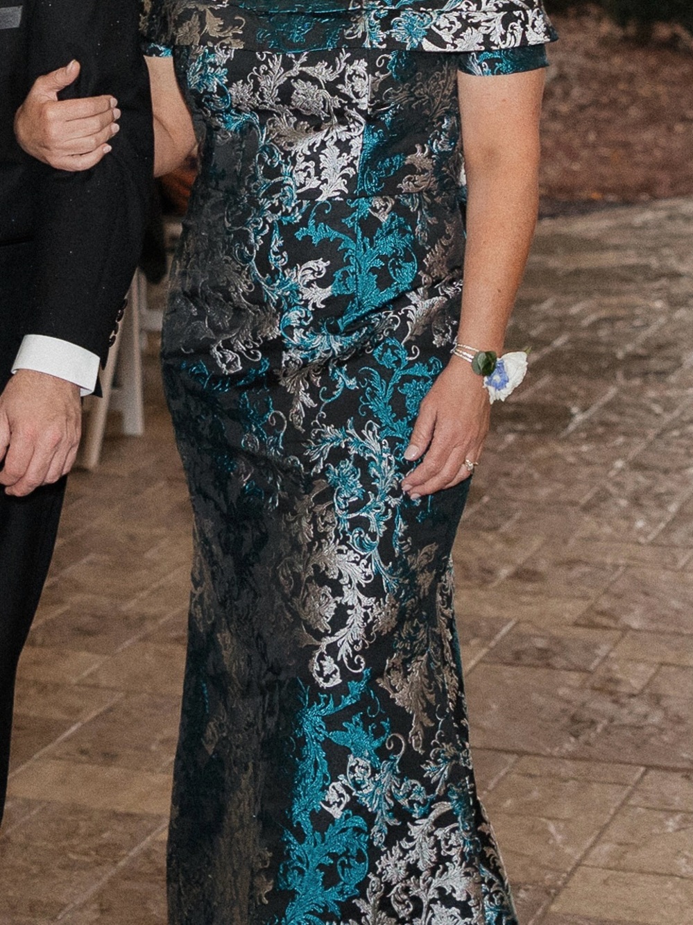 Teal and Silver Brocade Off-Shoulder Evening Dress